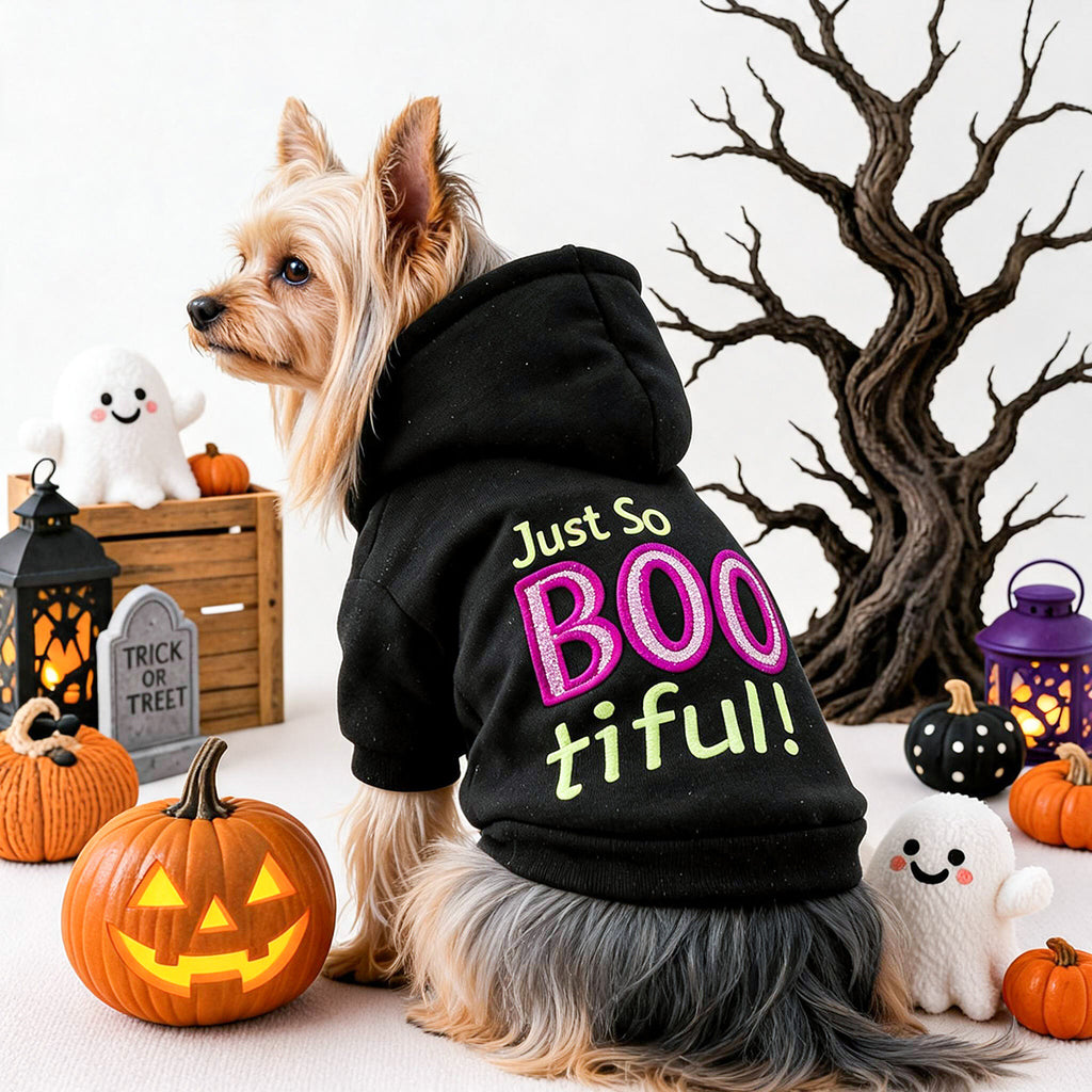 Pet hoodie for small dogs and cats, black Halloween hoodie with neon BOO tiful text