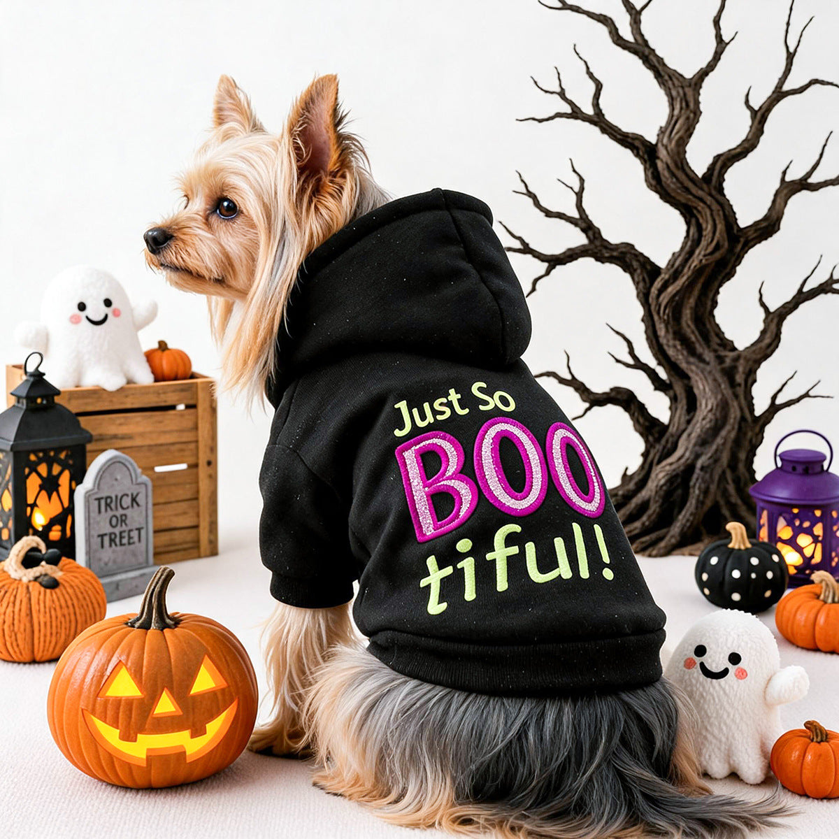 Pet hoodie for small dogs and cats, black Halloween hoodie with neon BOO tiful text