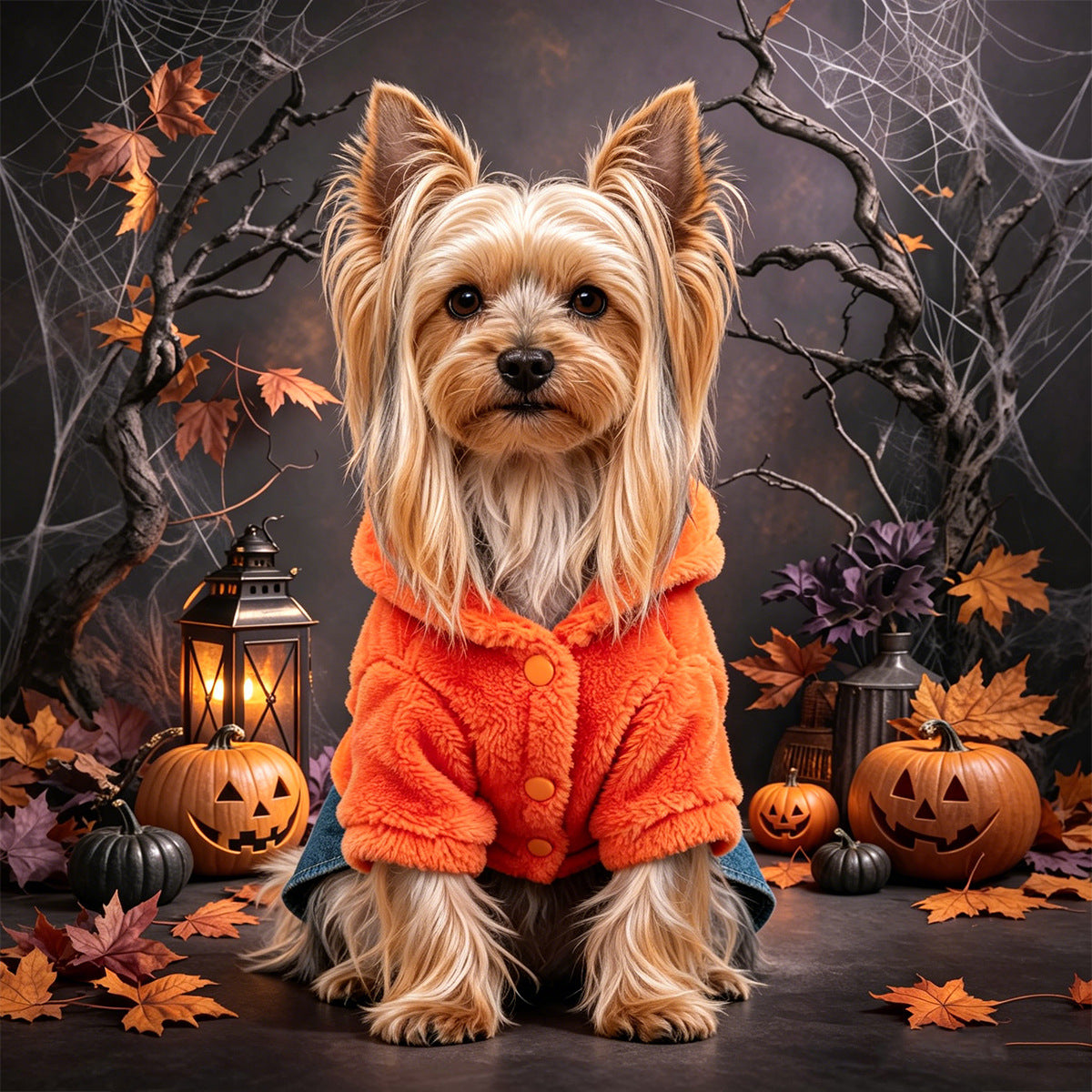 Cute Halloween pumpkin hoodie for small dogs, orange plush coat amid jack-o'-lanterns and cobwebs.