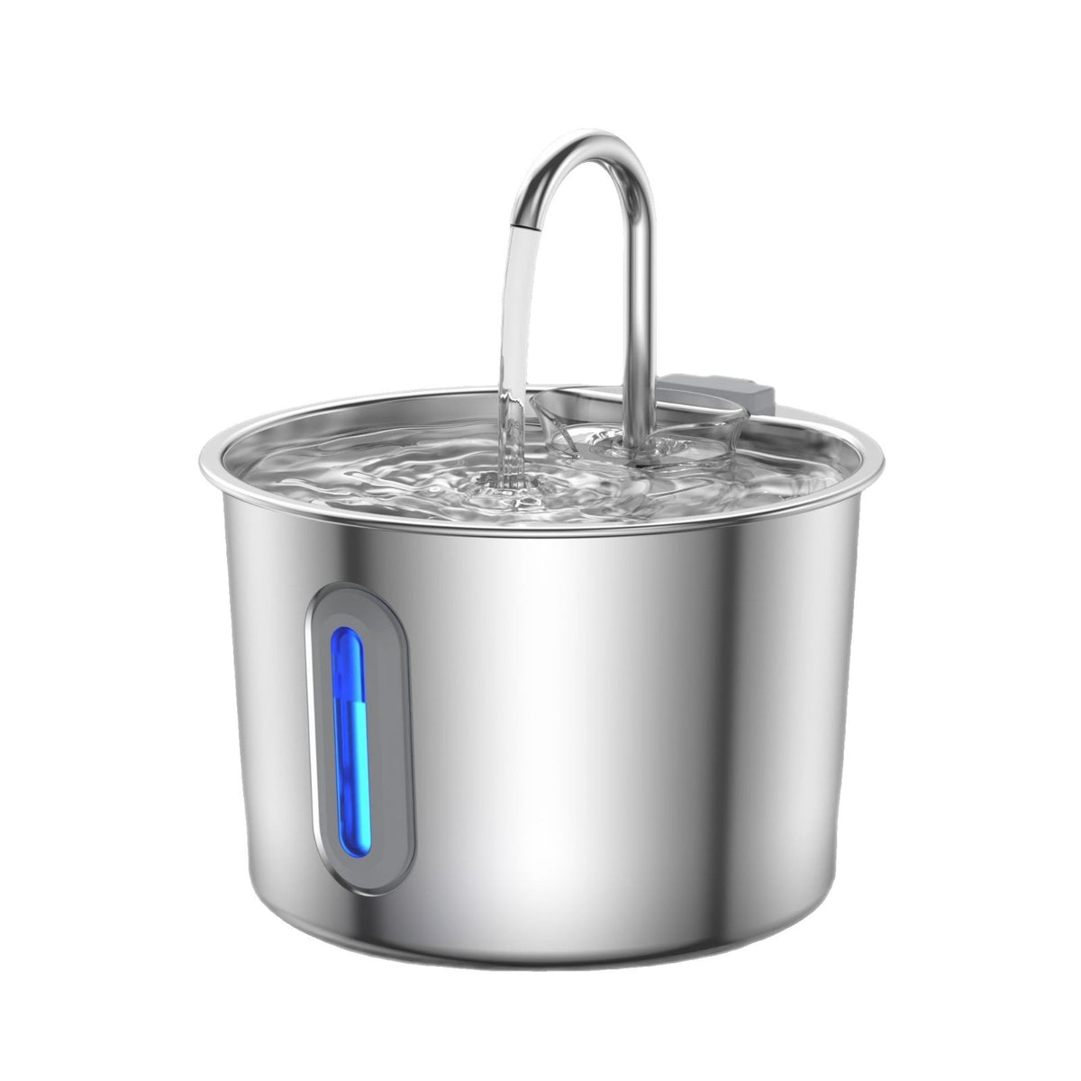 Pet water fountain in stainless steel with curved spout and blue water-level indicator