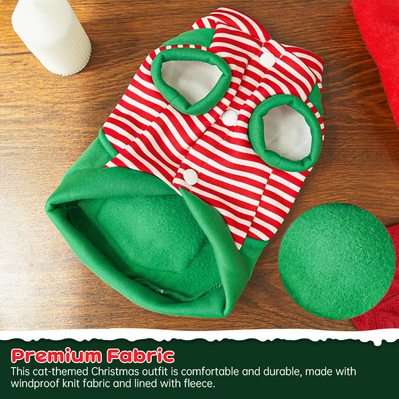 Festive pet coat for dogs and cats with red-and-white striped fabric, green trim, and fleece lining