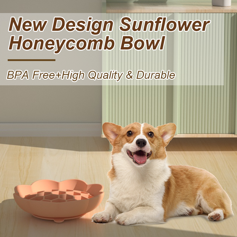 Dog slow-feeder bowl with flower-shaped design, pink silicone