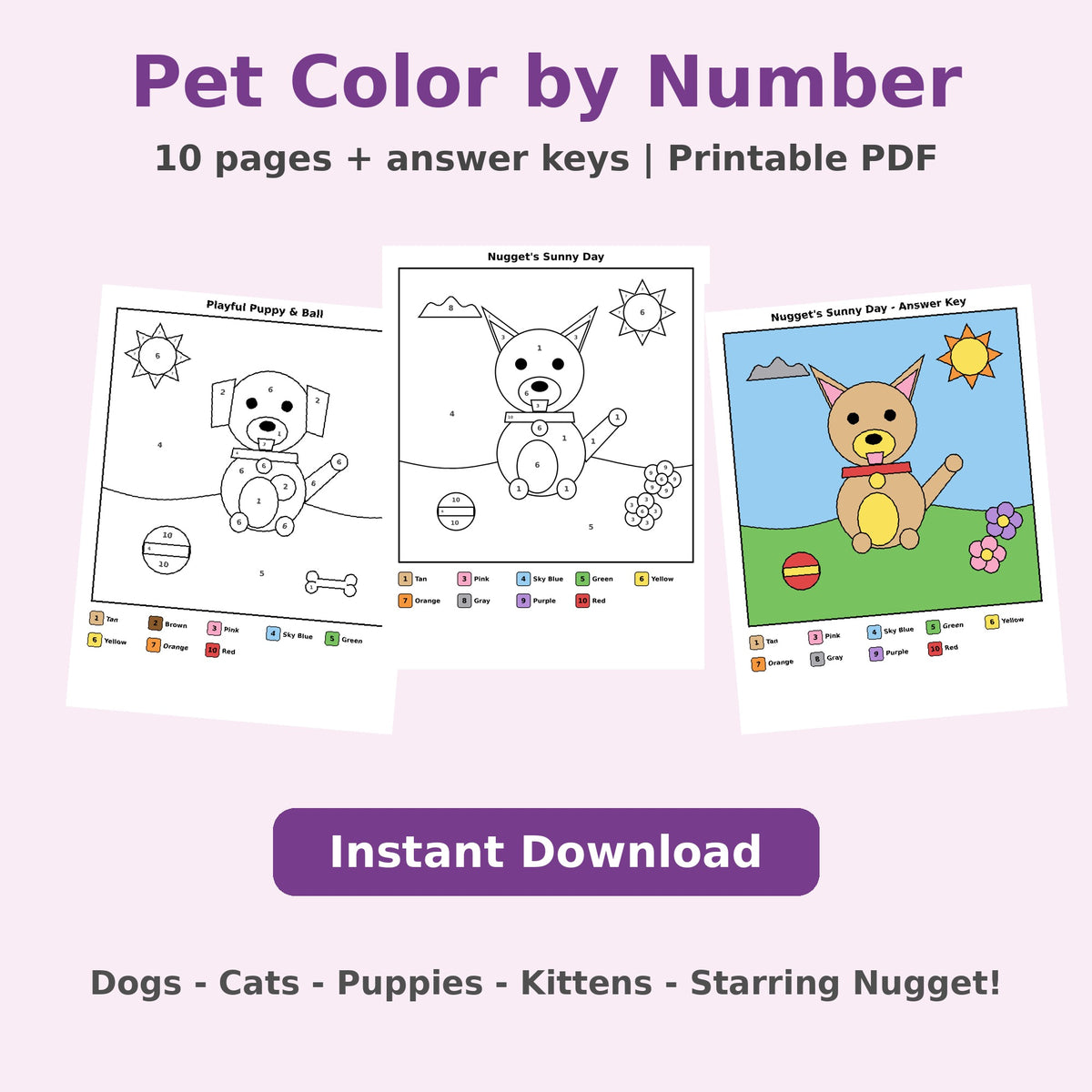 Pet Color by Number Printable – 10 Cute Dog & Cat Pages with Answer Keys