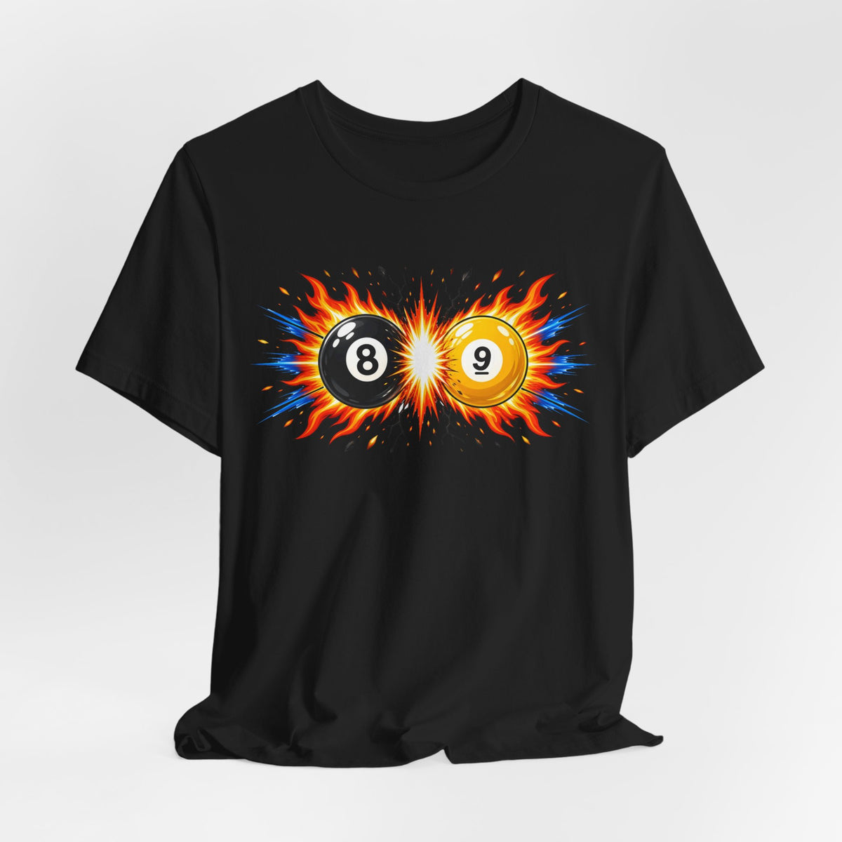 8 Ball and 9 Ball Face-Off Tee, Flaming Pool Balls Billiards Shirt | Spoiled Pet Luxe