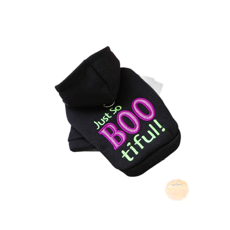 Two black pet hoodies for small dogs and cats with Just So Boo-tiful neon embroidery