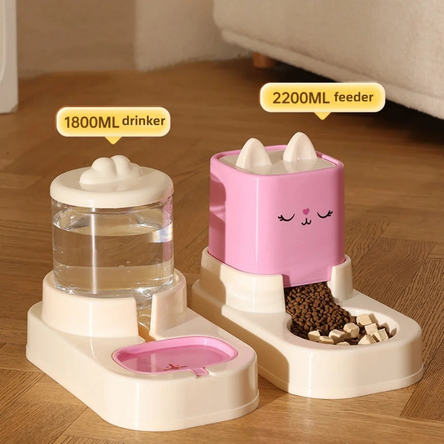 eprolo automatic pet feeder and water dispenser set; pink 2200ml food hopper with cat-face, 1800ml water reservoir