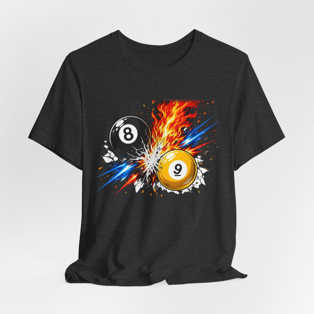 8 Ball vs 9 Ball Smash Tee, Fire and Lightning Billiards Shirt | Spoiled Pet Luxe