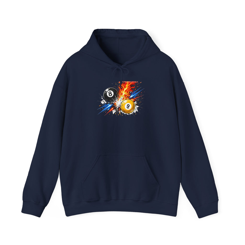 8 Ball vs 9 Ball Smash Hoodie, Fire and Lightning Billiards Sweatshirt | Spoiled Pet Luxe