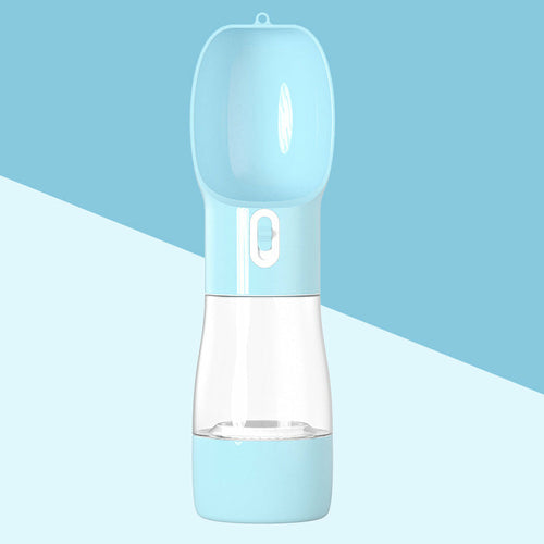 Portable Pet Food & Water Bottle by Teal Winterberry, blue and white with built-in bowl