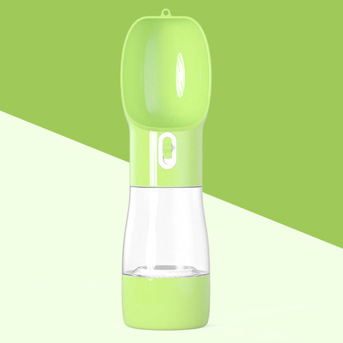 Portable Pet Food & Water Bottle, lime-green plastic with a clear middle reservoir and flip-top lid.