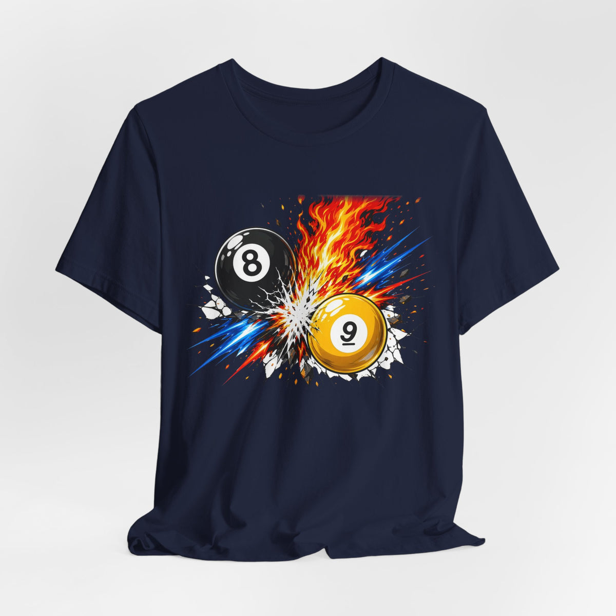 8 Ball vs 9 Ball Smash Tee, Fire and Lightning Billiards Shirt | Spoiled Pet Luxe