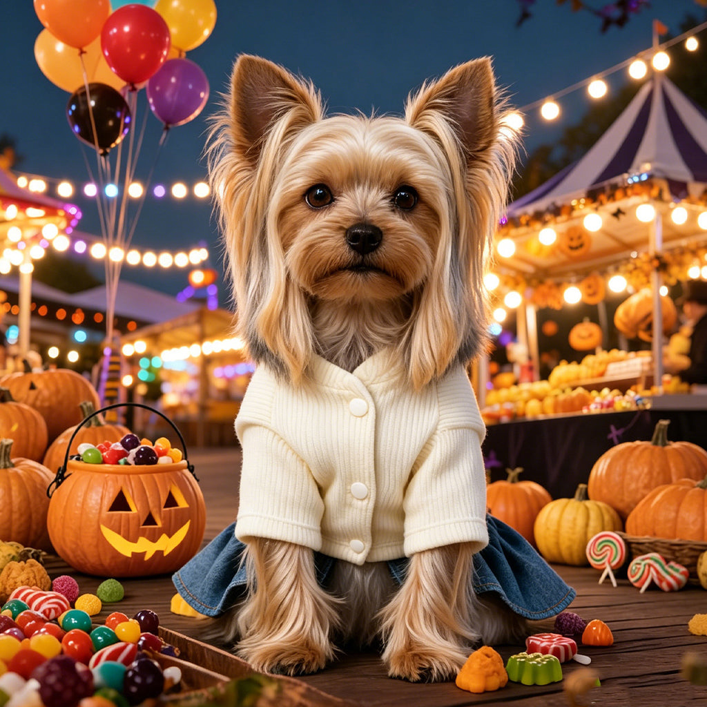 Pet clothing: small dog in white knit cardigan with buttons and denim skirt at Halloween market with pumpkins