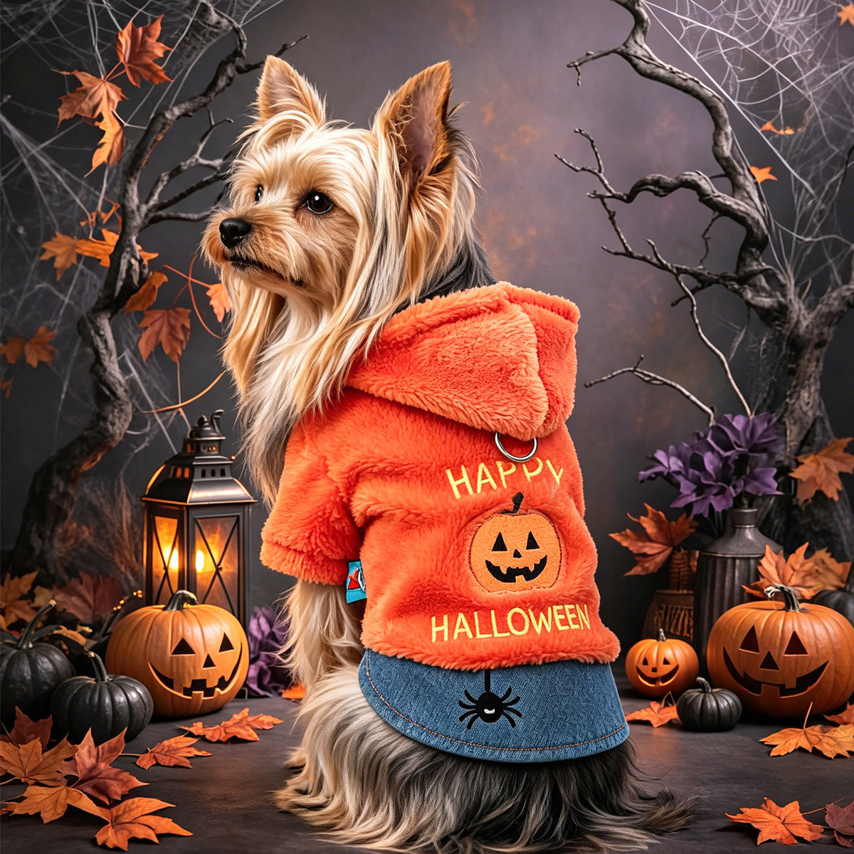 Cute Halloween Pumpkin Hoodie for Small Dogs and Cats by eprolo, plush orange with blue denim-style hem