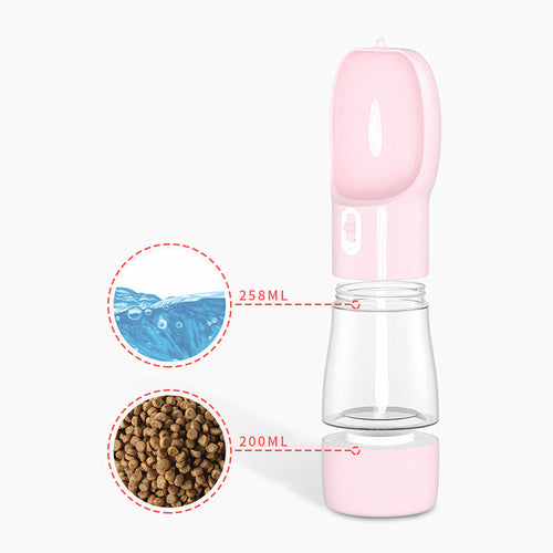 Teal Winterberry Portable Pet Food & Water Bottle, pink, with 258 mL water reservoir and 200 mL dry food chamber