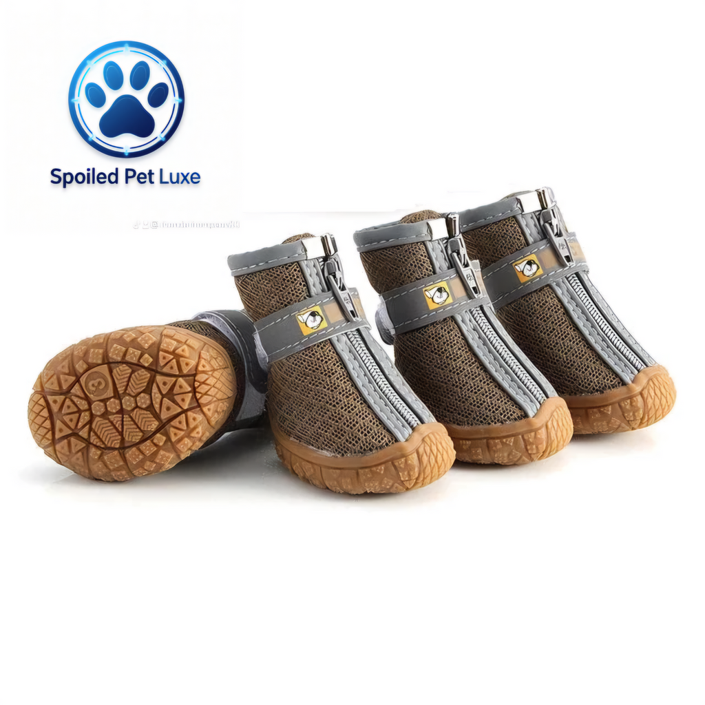 Breathable dog shoes by Spoiled Pet Luxe; brown leather with gray straps for small and medium dogs.