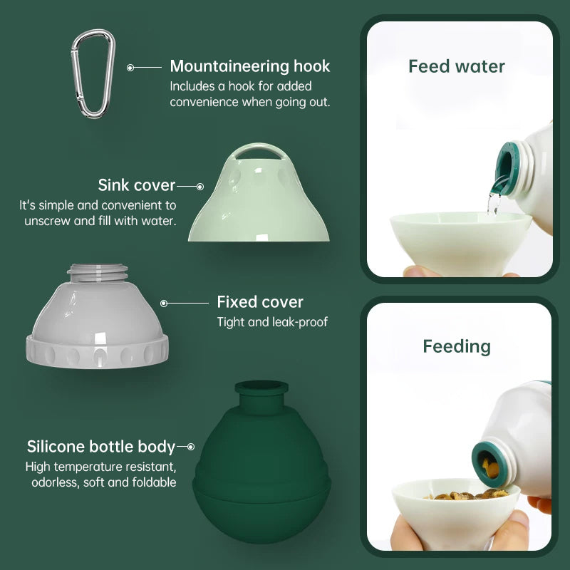 eprolo portable dog water dispenser with bowl; tear-drop silicone bottle, travel-friendly with mount hook