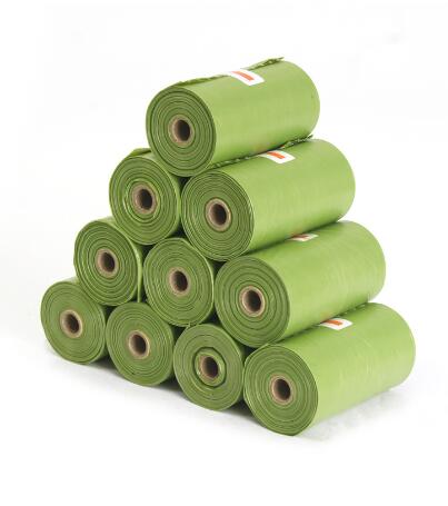 Poop bag rolls by eprolo, green, stacked pyramid of 10 rolls