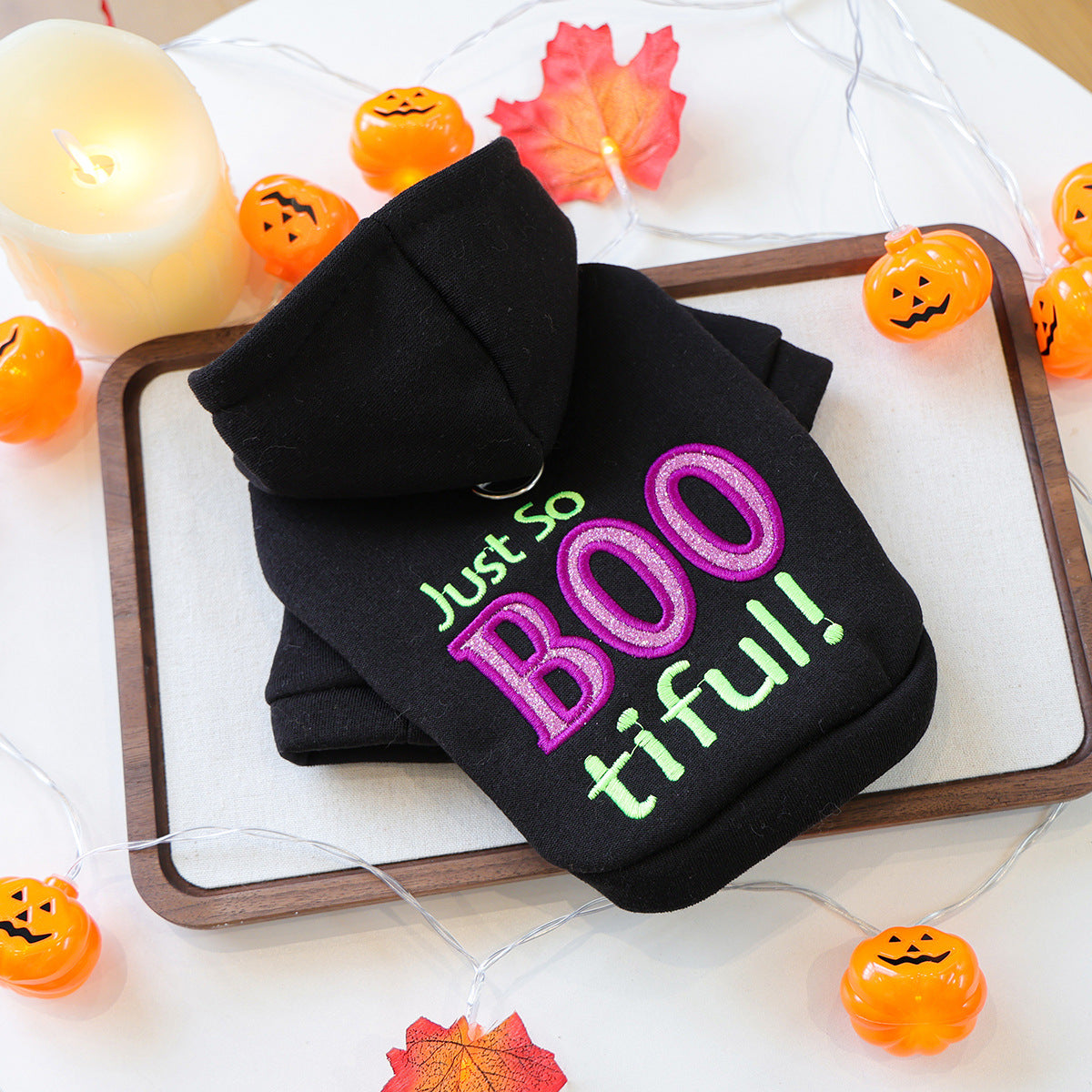 Pet hoodie for small dogs and cats, black with neon purple and lime green BOO-tiful embroidery.