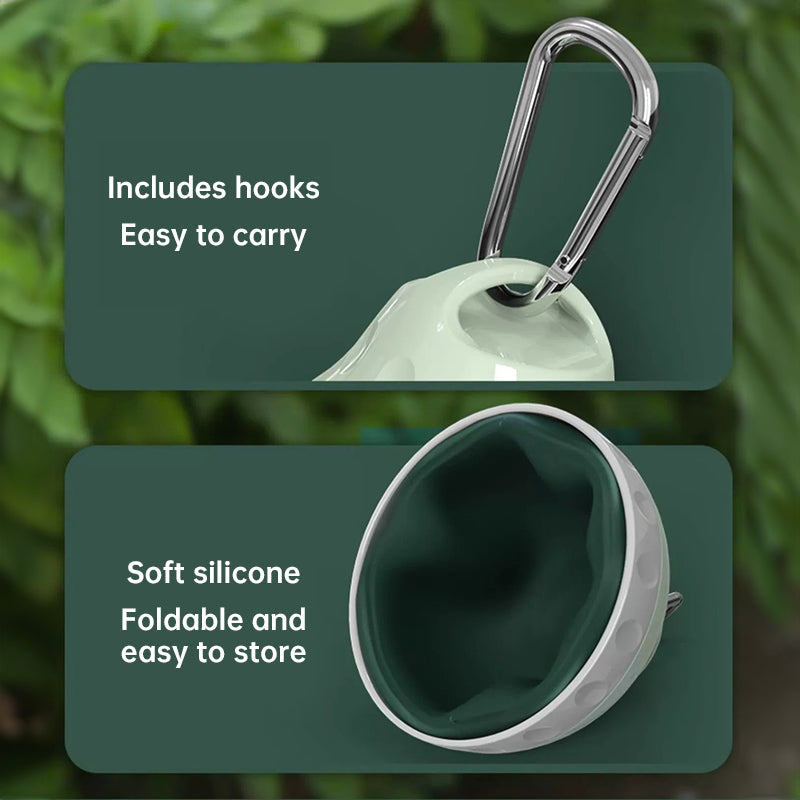 Portable dog water dispenser with tear-drop design, foldable silicone bowl, and carabiner hook