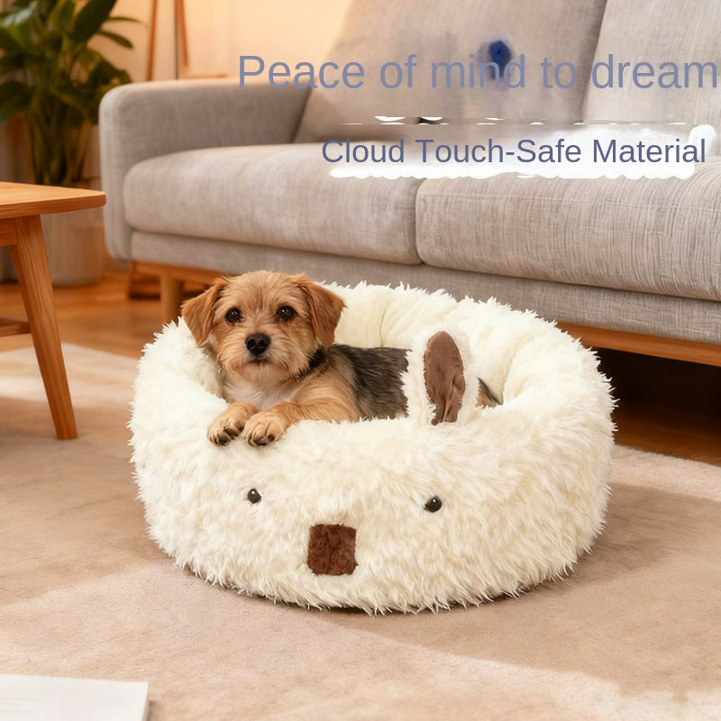Dog bed by eprolo, round fluffy winter-warm half-enclosed pet nest with bear-face front for small dogs