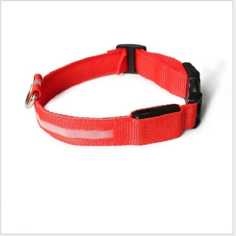 Red LED glow pet collar with USB rechargeable reflective stripe, adjustable mesh nylon strap, black buckle, and D-ring.