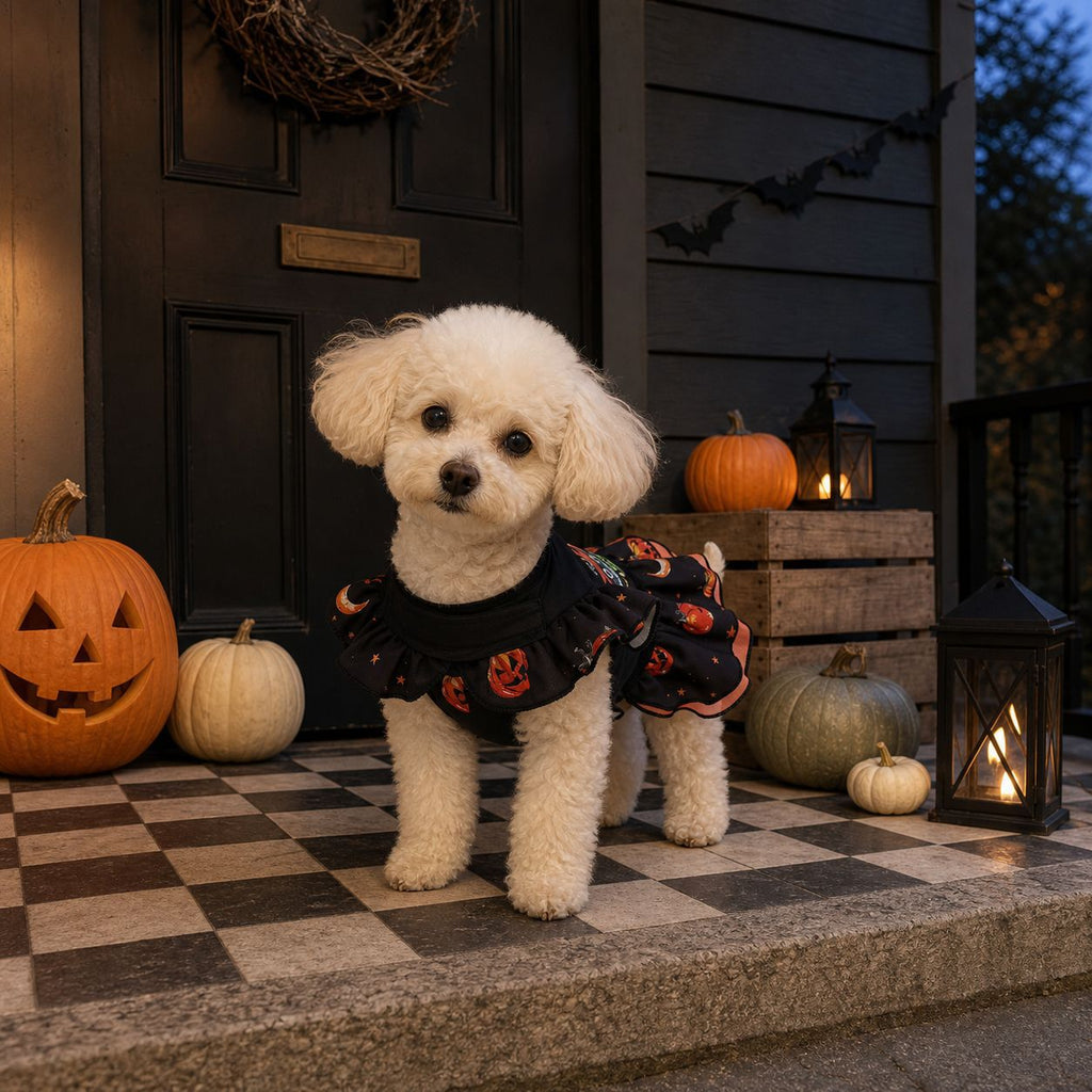 Dog costume eprolo pumpkin witch dress for small dogs, Halloween outfit with black fabric and pumpkin accents.