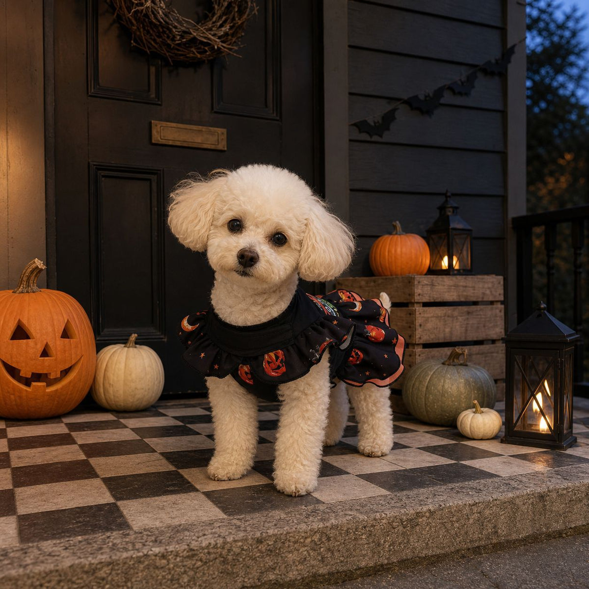 Dog costume eprolo pumpkin witch dress for small dogs, Halloween outfit with black fabric and pumpkin accents.