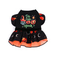 Dog Halloween costume for small dogs, black dress with pumpkin and witch-themed embroidery and orange layered hem
