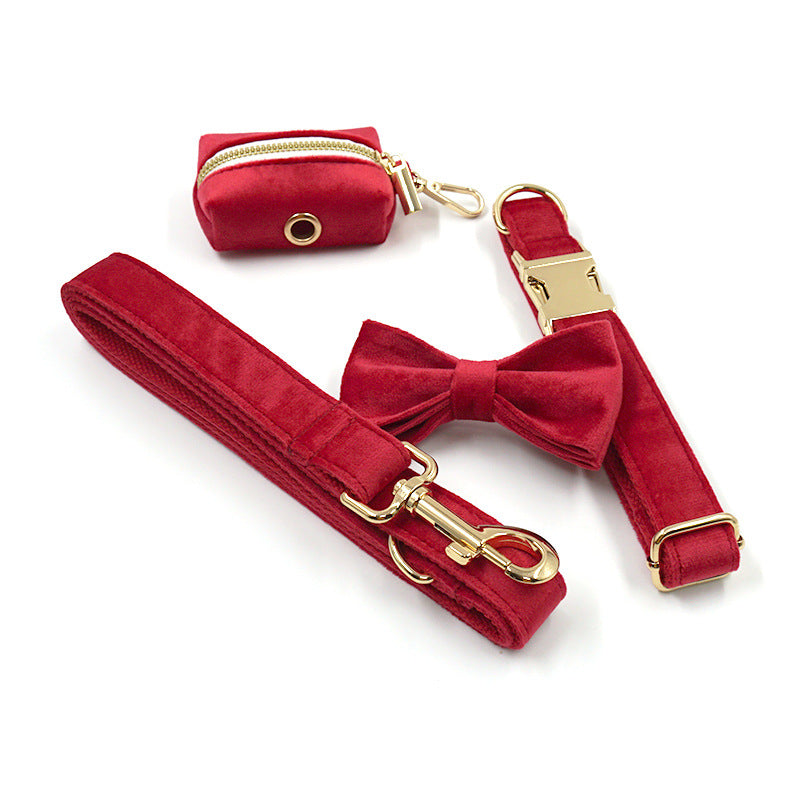 Red Velvet Christmas Dog Collar with Gold Buckle, Leash & Bow Set