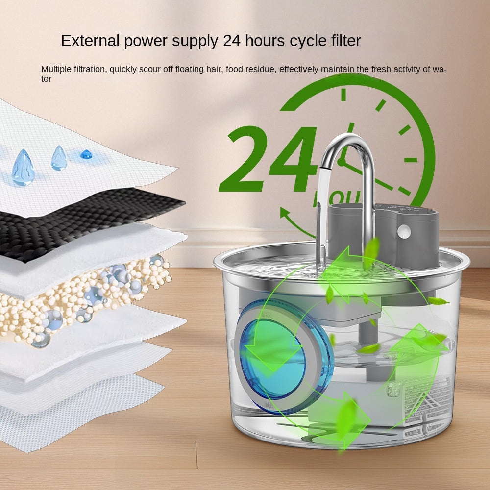 Smart stainless steel cat water fountain by eprolo with wireless sensor and cordless auto-circulation; large capacity.