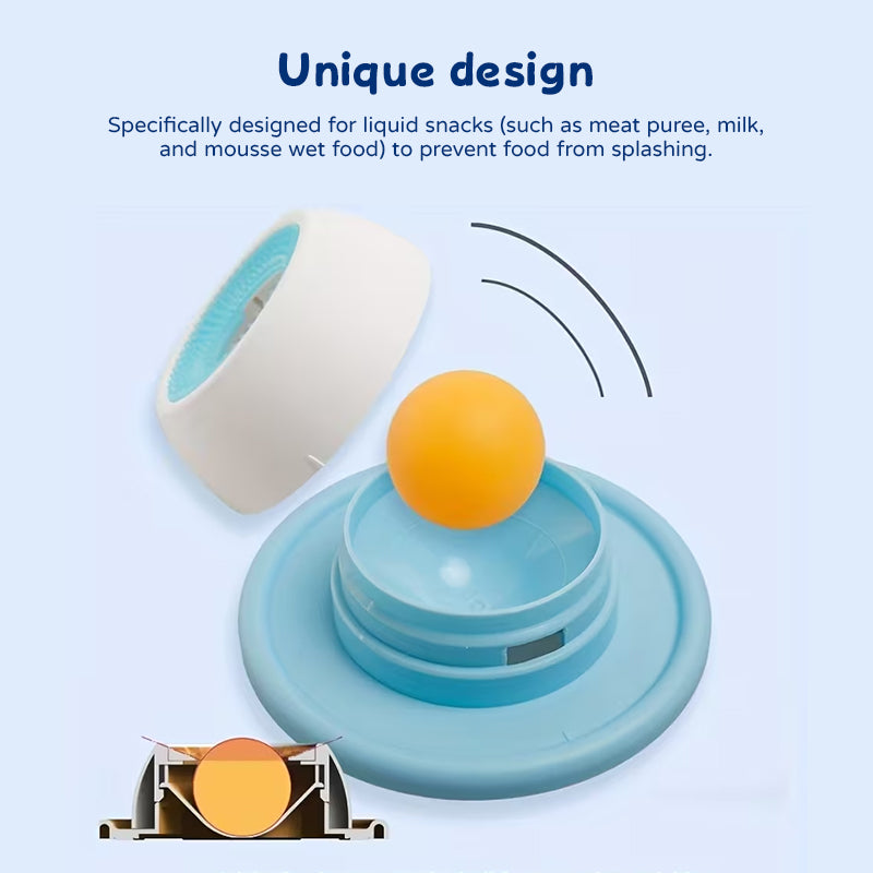 Slow feeder lick mat for dogs and cats, blue base with orange ball for interactive licking