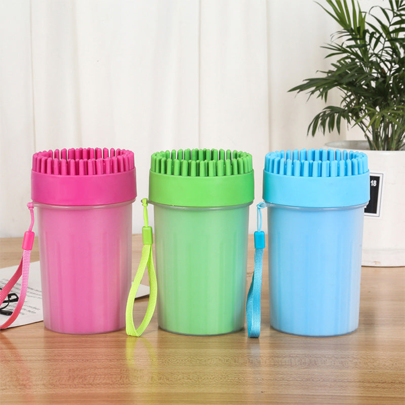 Paw Plunger Pet Paw Cleaner soft silicone cups, portable 3-pack in pink, green, blue with wrist straps.