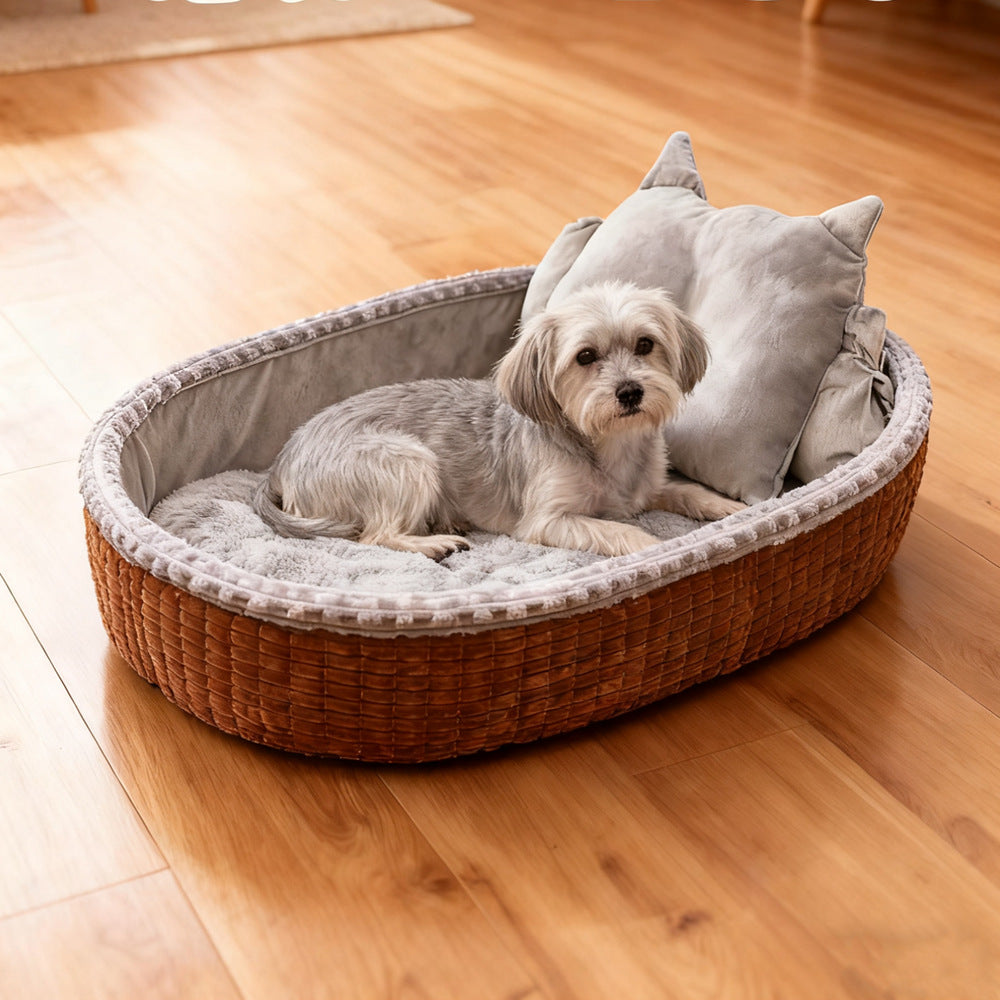 Dog House Winter Warm Bed by eprolo, oval wicker pet bed with soft grey plush lining and two cushions for small dogs