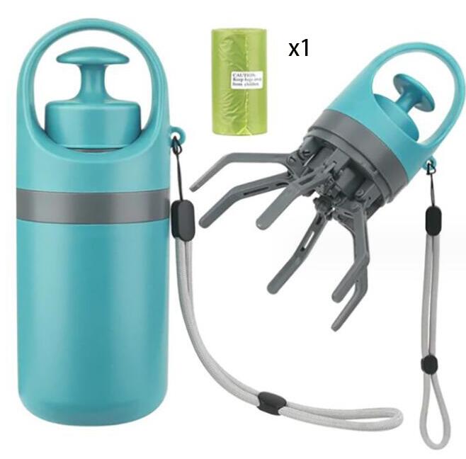 Portable pooper scooper with built-in bag dispenser in teal, featuring fold-out scooping arms.