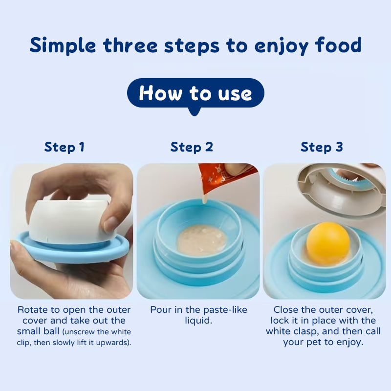 Slow Feeder Lick Mat for dogs and cats, blue plastic base shown in a three-step usage guide.