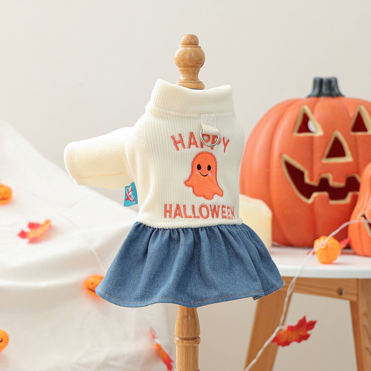 Pet Halloween ghost dress for small dogs and cats by eprolo; cream knit top with orange ghost and denim skirt