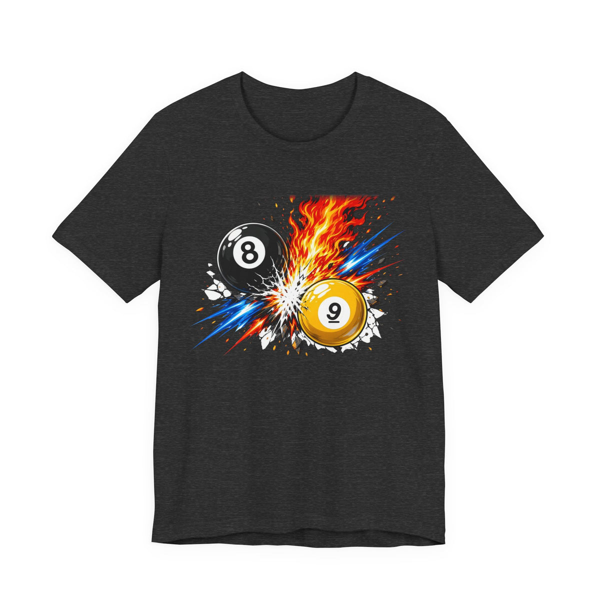 8 Ball vs 9 Ball Smash Tee, Fire and Lightning Billiards Shirt | Spoiled Pet Luxe