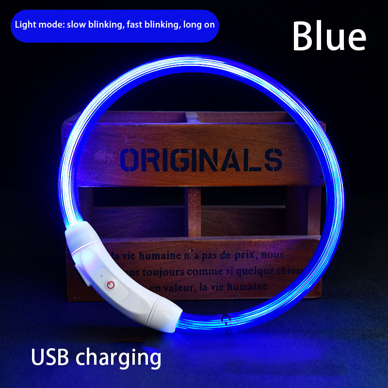 Pet Luminous Collar blue LED glow with USB charging, white clasp