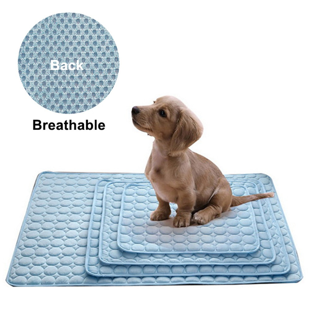 Three blue cooling dog mats in varied sizes with breathable bubble backing; puppy sits on top.