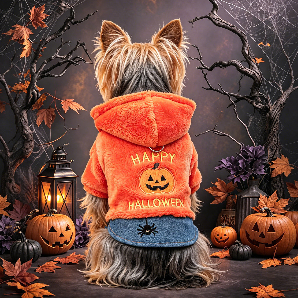 Halloween pumpkin hoodie for pets, orange plush with pumpkin design and Happy Halloween text, denim hem with spider