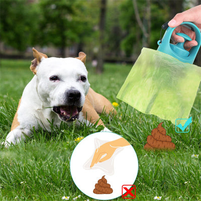 Portable lightweight pooper scooper with built-in bag dispenser; turquoise handle and yellow-green bag.