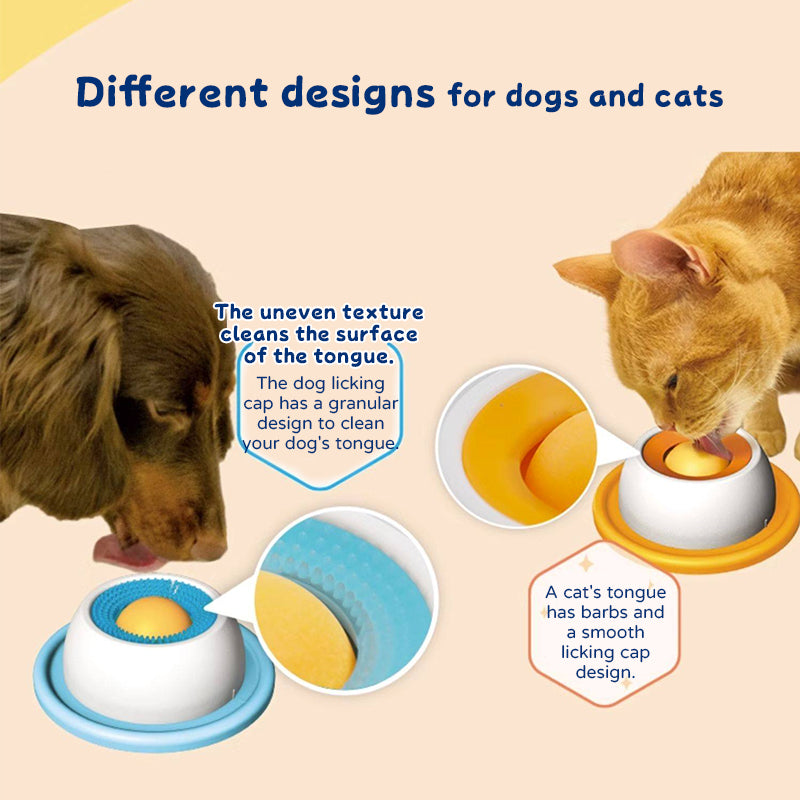 Slow Feeder Lick Mat for dogs and cats with blue and orange designs, interactive licking bowl for puppies and kittens