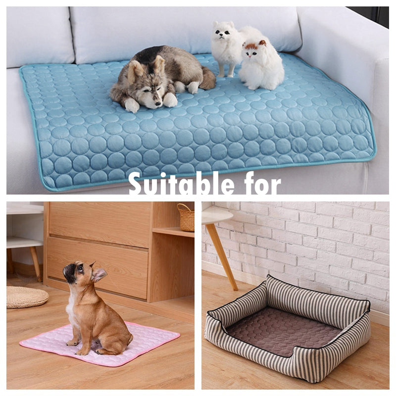 Dog cooling mat set, 3 pieces: blue quilted mat, pink mat, striped dog bed by eprolo