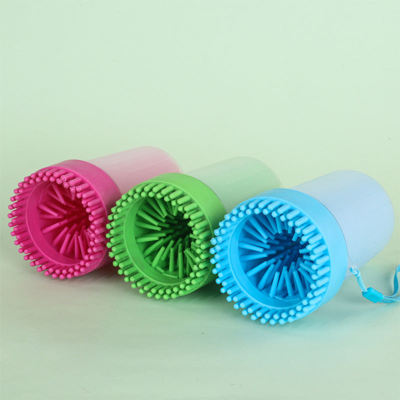 Paw plunger pet paw cleaner cups with soft silicone bristles; portable three-pack in pink, green, blue.