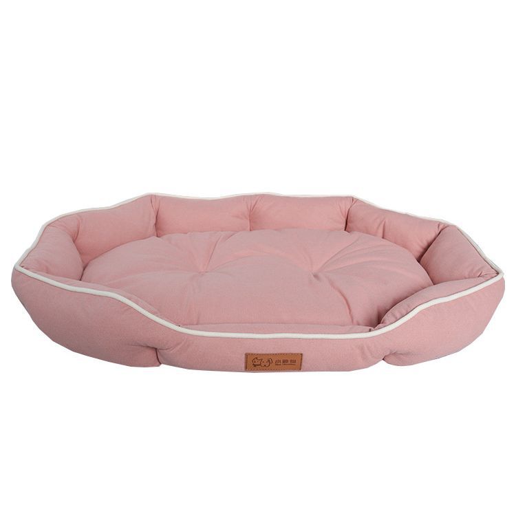 Dog bed for medium and large dogs by eprolo, pink plush pet bed with white piping