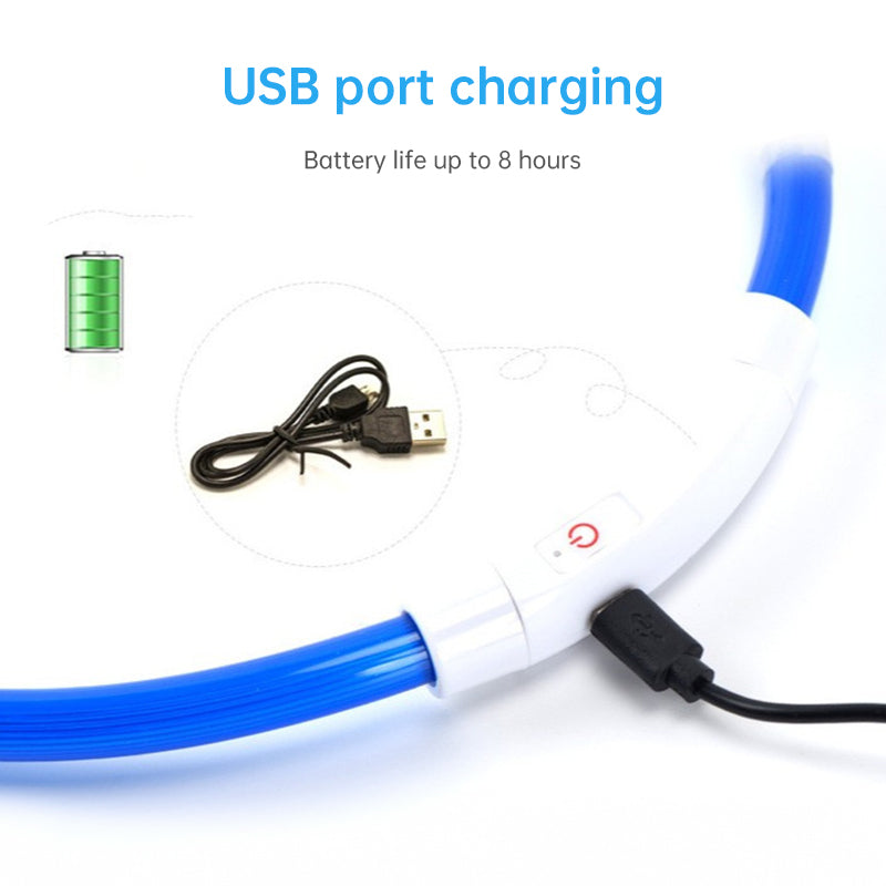 3-Mode LED dog collar USB rechargeable, glowing blue safety necklace