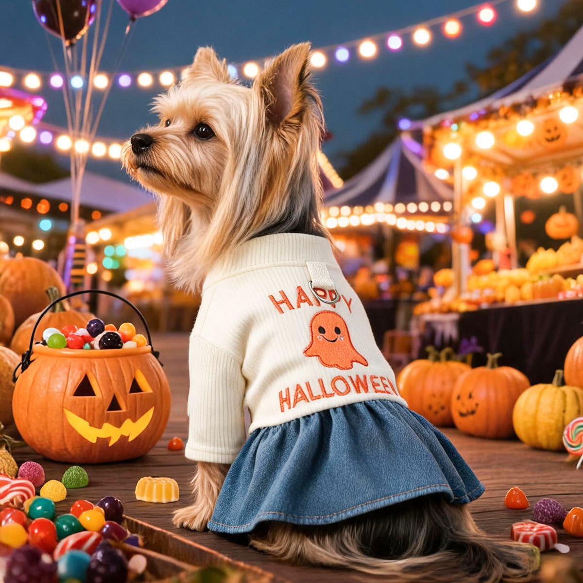 Pet Halloween ghost dress for small dogs and cats, cream knit top with blue denim skirt