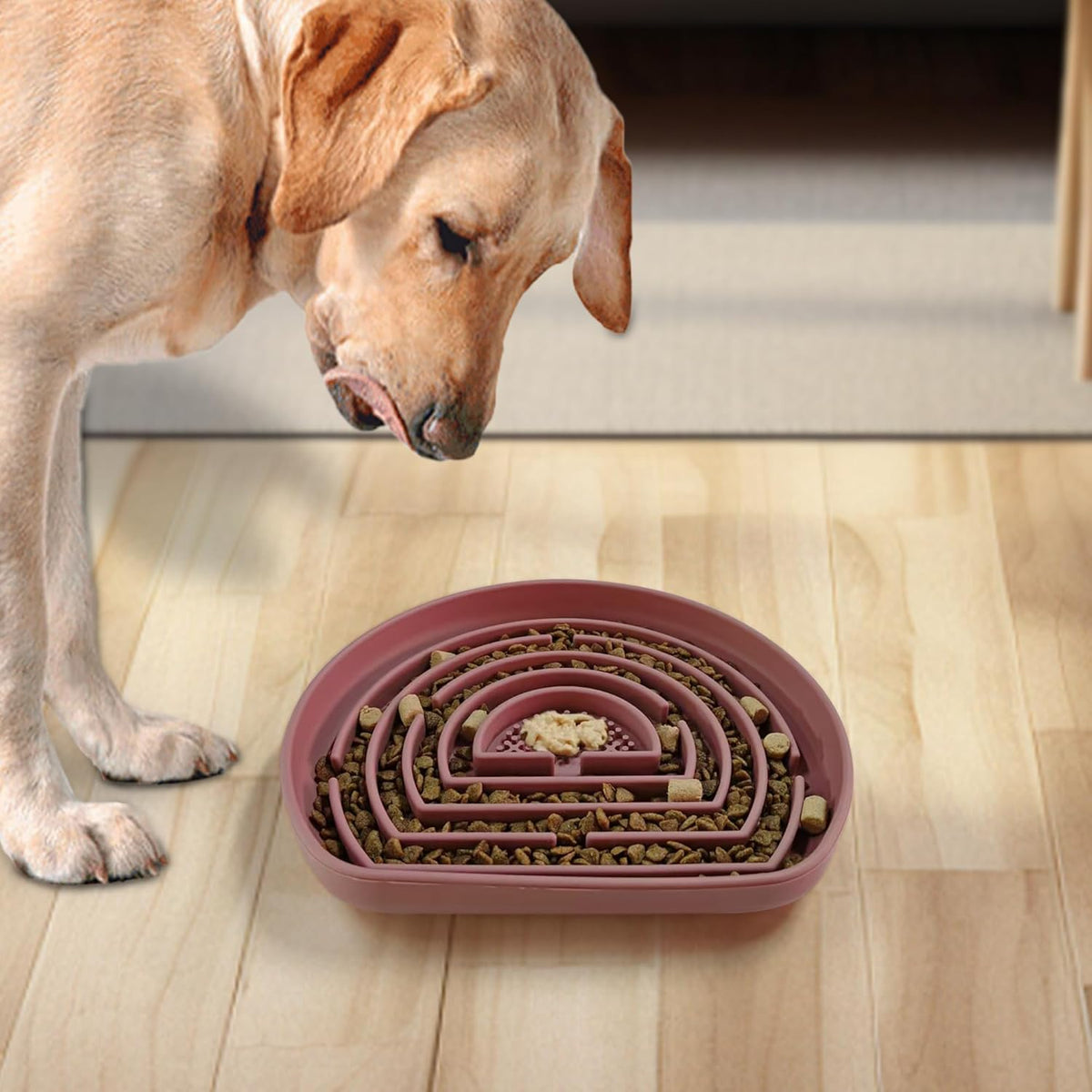 Interactive maze slow feeder dog bowl, pink, non-slip base