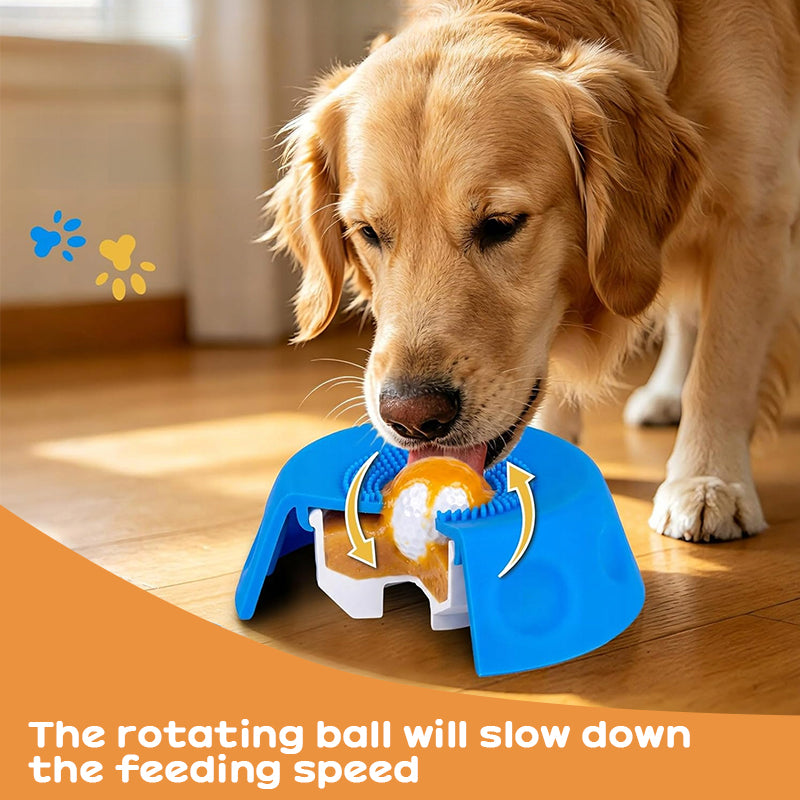 Silicone dog slow feeder with rolling ball in blue, anti-choking and non-slip base