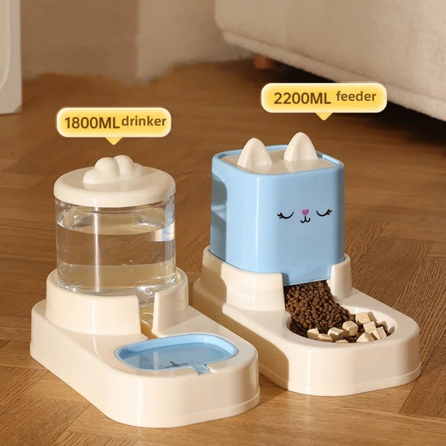 eprolo automatic pet feeder and waterer set; white base with blue top, 2200ml food dispenser and 1800ml water drinker